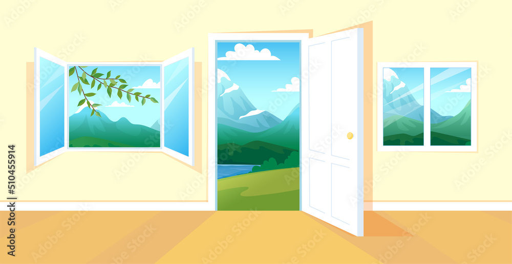 Open home window and door. Nature view through house doorway. Home room interior. Sight from architecture frame with sun morning light. Sunny spring landscape outside. Vector illustration