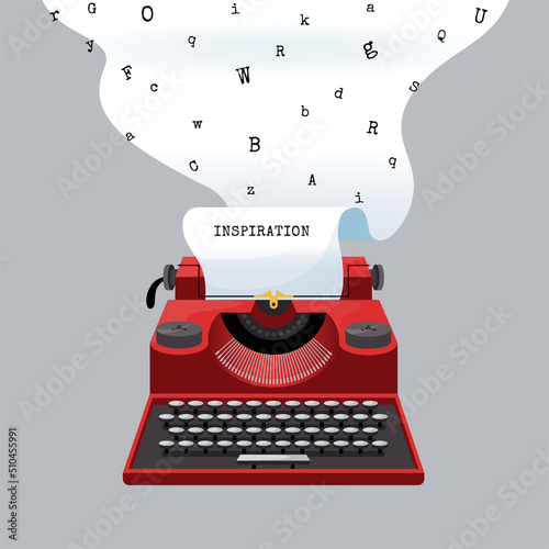 Poet typewriter. Poetry day. Author workplace. Writer inspiration banner. Literacy letter on isolated vintage paper. Writing machine. Typescript lettering. Novel text create. Vector concept