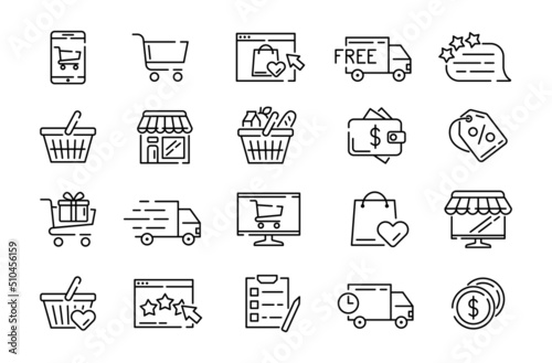 Commerce icons. Thin line symbols of supermarket and internet shopping. Shop cart. Ecommerce and online market. Money payment. Commercial sale. Express delivery. Flat vector signs set