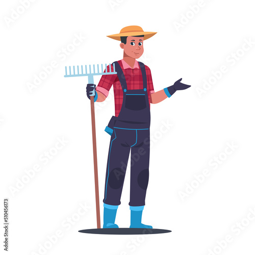Agricultural work. Cartoon farmer working in field. Standing man with rake. Gardening tools. Farm worker harvesting crops and fruits. Plants cultivation. Vector gardener in overalls