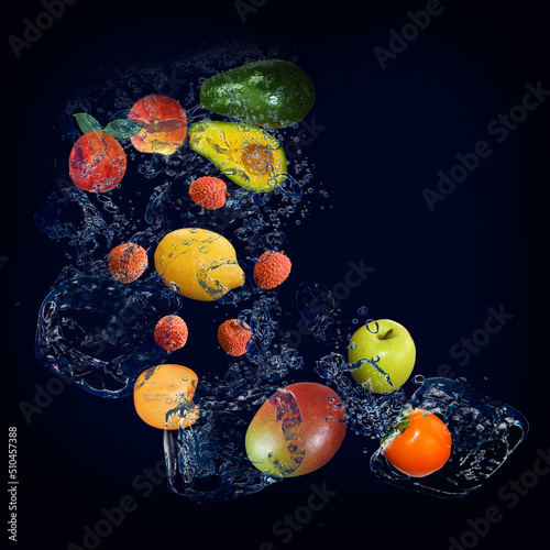 Fototapeta Naklejka Na Ścianę i Meble -  Panorama, wallpaper with fruits in the water - fresh avocado, lemon, lychee mango, peach, persimmon are full of vitamins constituting the diet and human health
