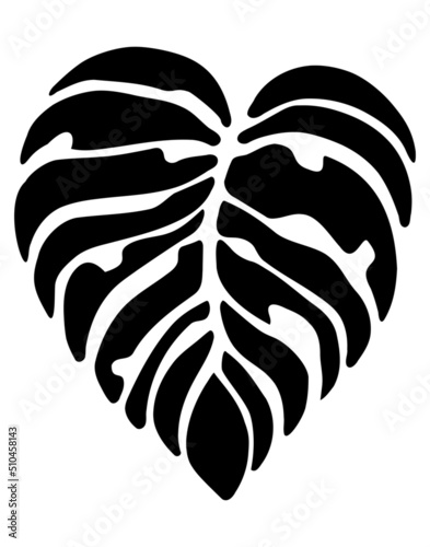 Black Monstera Leaf Silhouette Icon Vector Drawing.Tropical exotic outline floral isolated stencil .Poster,Cards,Photo,Overlay, Print,Vinyl wall sticker decal.Plotter laser cutting.Decoration. DIY cut
