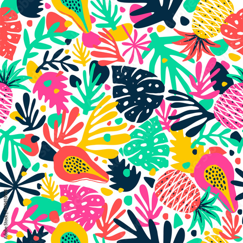 Seamless exotic pattern with creative modern fruits. Hand drawn trendy background. Abstract pattern with papaya pineapple and leaves. Design for cards, banners, print fabric, t-shirt.