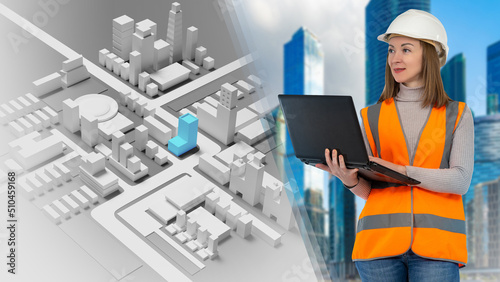 Construction project management, architecture planning. City mockup and female architect. Woman civil engineer with laptop. Architect work. Architectural projects. 3d image