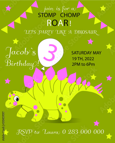 Children's birthday party invitation! Using green, pink, white, black colors. Used for web design, illustrations, banners, posters.