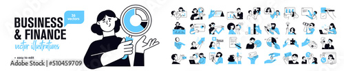 Business and marketing concept illustrations. Set of people vector illustrations in various activities of business, management, payment, market research and data analysis, communication. 