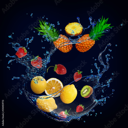Fototapeta Naklejka Na Ścianę i Meble -  Panorama, wallpaper with fruits in the water - fresh lemon, strawberry, kiwi, pineapple full, pomegranate full of vitamins constituting the diet and human health