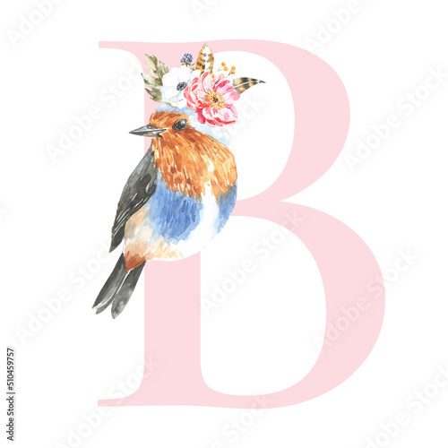 Watercolor Pink Animals Floral Alphabet letter B with cute watercolor bunny animal. Floral letter element for baby shower  Monogram for wedding  logo  frame art  poster  name sign wedding invite diy