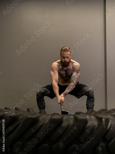 Sledgehammer trucker wheel road tire woman replace young hammer gym, for equipment concentration from male from muscular training, man adult. Dedication strenght sportswear,
