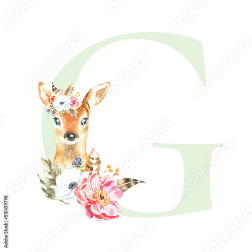 Watercolor green Animals Floral Alphabet letter G with cute watercolor deer animal. Floral letter element for baby shower, Monogram for wedding, logo, frame art, poster, name sign wedding invite diy