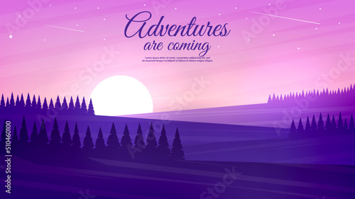 Morning or evening vector landscape. Flat style. Forest and hills with sunrise or sunset. Design for wallpaper, banner, touristic card.