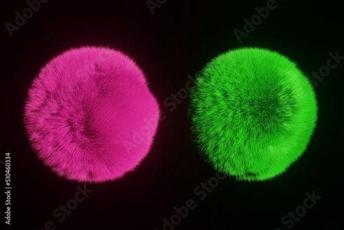 Two fluffy colored balls on a black background, green and pink abstract fur round figure, 3d rendering
