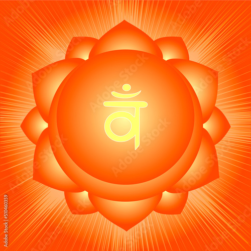 The second Swadhisthana chakra with the Hindu Sanskrit seed mantra Vam . Orange is a flat-style symbol for meditation, yoga. illustration photo