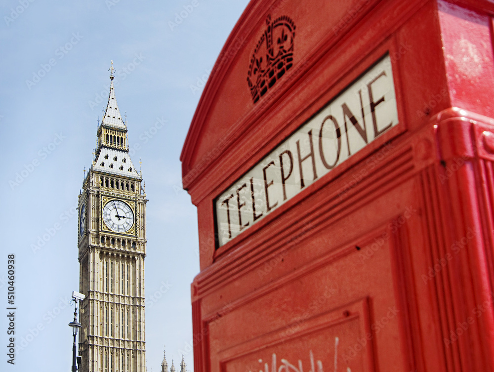 Obraz premium London, England, red telephone box and Big Ben