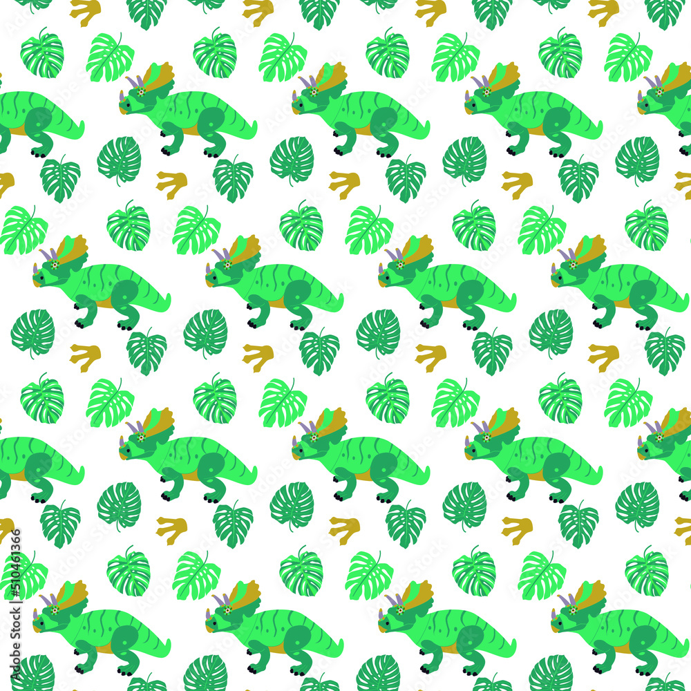 Triceratops Monstera Leaf Seamless Pattern. Vector Illustration of Nature Dinosaur Animal. Triceratops Monstera Leaf Seamless Pattern. Vector Illustration of Nature Dinosaur Animal.