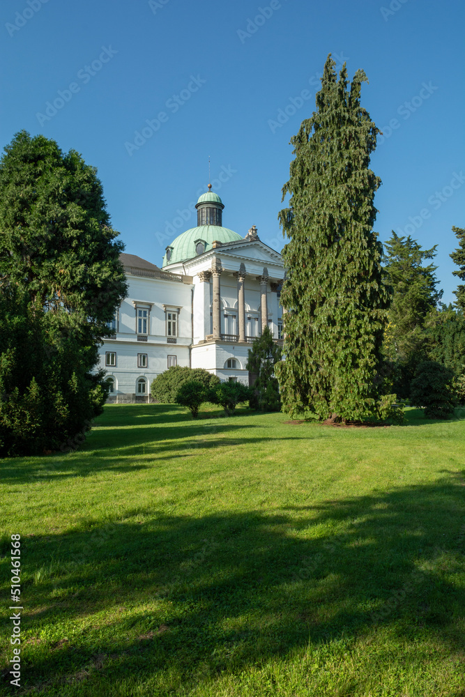 Classicist-style manor house and castle in Topolcianky park. Slovakia.