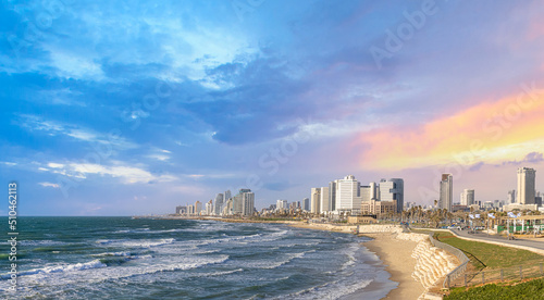 Scenic Israel Tel Aviv coastline seashore promenade with hotels and beaches near Old Jaffa port. © eskystudio