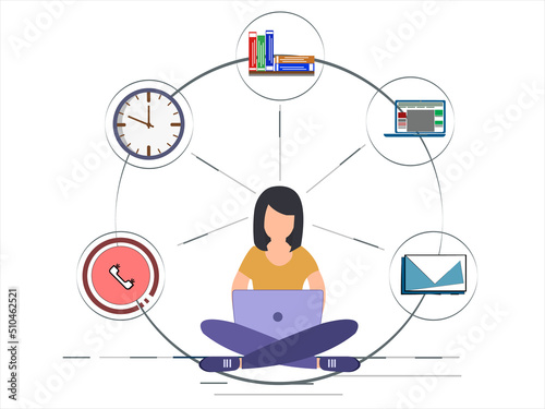 Businesswoman with many arms sitting at computer in office and doing many tasks at the same time. Freelance worker.