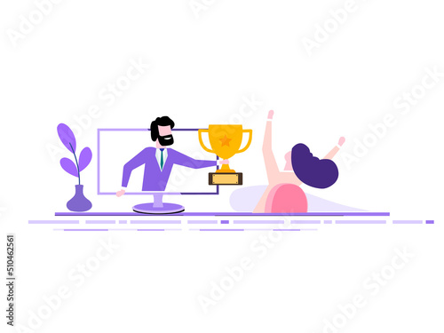 Handsome businessman holds out a golden cup from a monitor to a happy office worker. Award in the online contest.