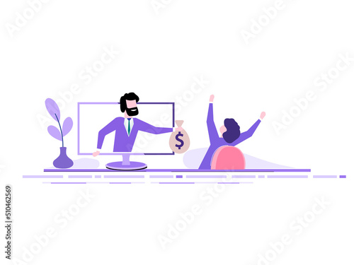 A man from a monitor holds out a bag of money to a happy woman. Concept of earnings on the Internet, online income, gambling.