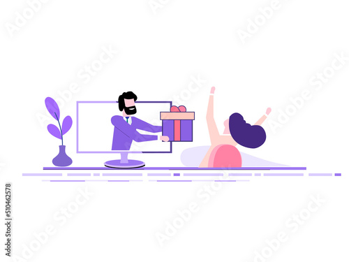Handsome businessman holds out a big gift box from a monitor to a happy woman.
