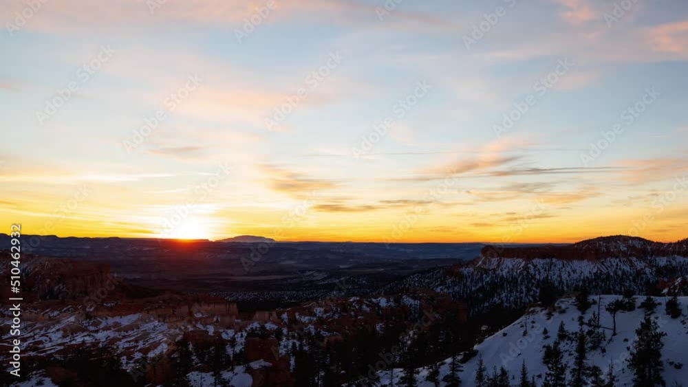 The incredible sunrise over the rock formations at Bryce Canyon National Park, Utah in winter. Time Lapse. The incredible sunrise over the rock formations at Bryce Canyon National Park, Utah in winter. Time Lapse.