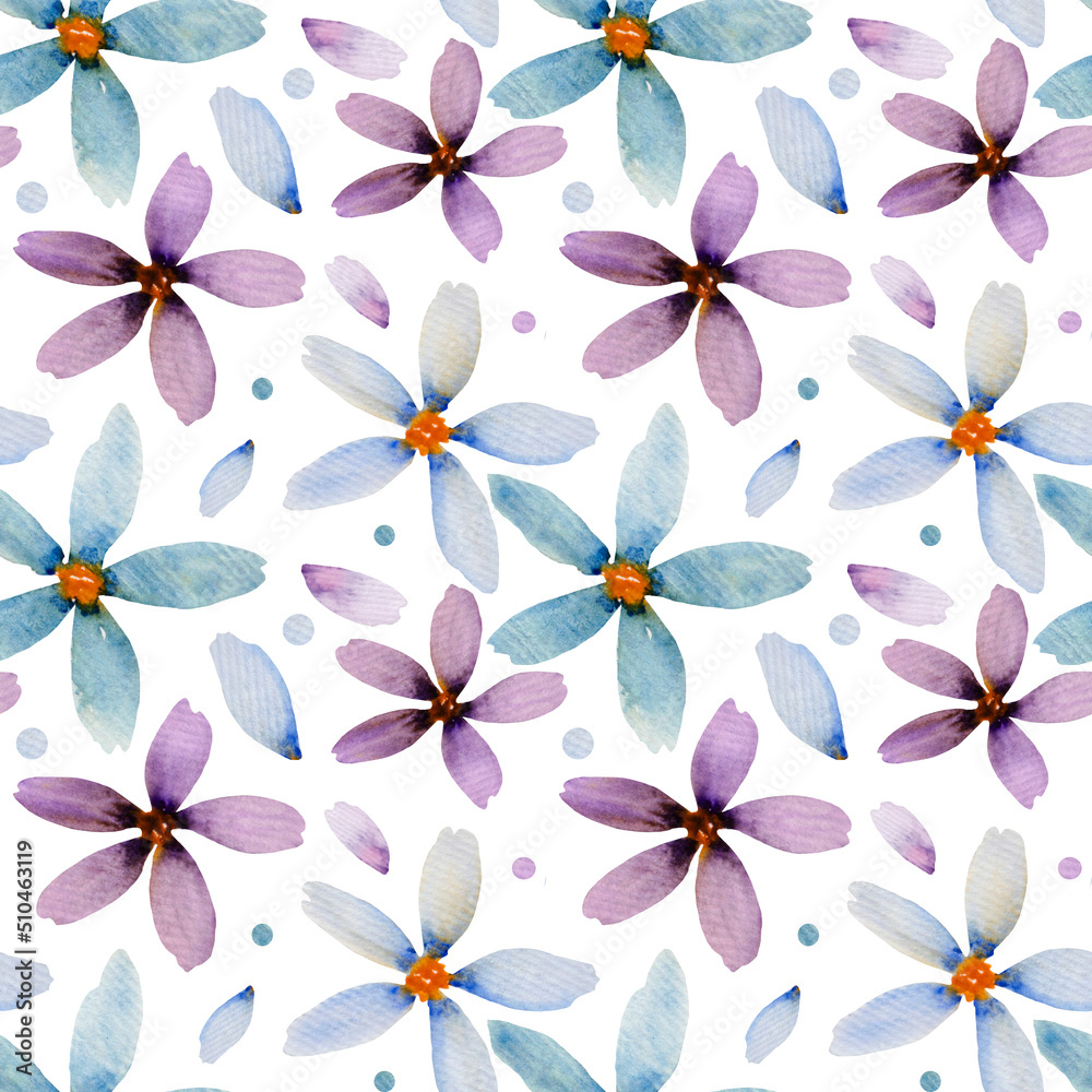 Delicate watercolor seamless pattern, flowers in purple colors on white background. Cute pattern for various products.