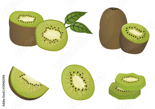 Set of kiwi with leaves. Fruit in cartoon style illustration