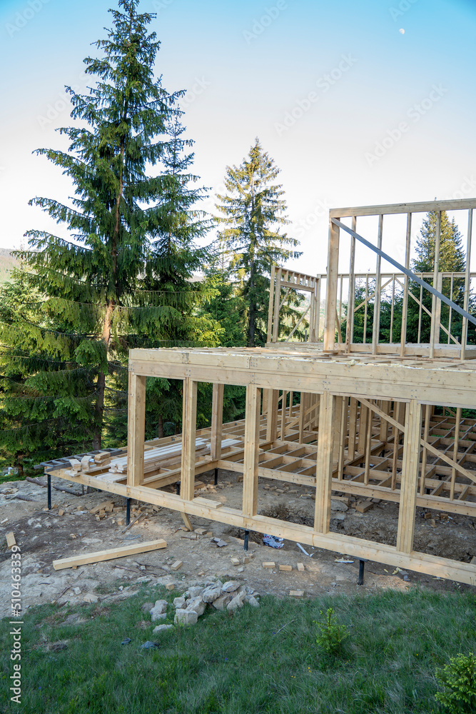 Energy efficient frame house. New framing construction of a house