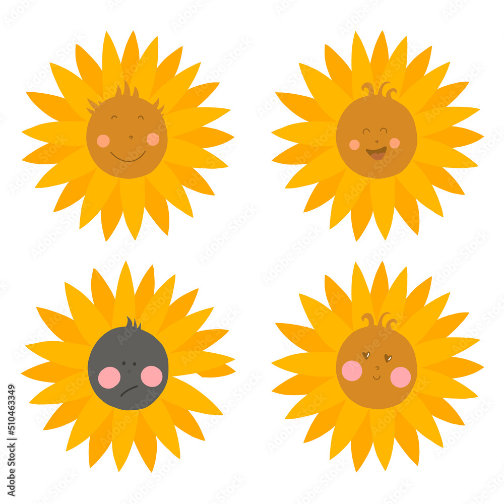 Vector set of illustrations: 4 drawings of a sunflower with different faces and emotions. Children's drawing concept Vector set of illustrations: 4 drawings of a sunflower with different faces and emotions. Children's drawing concept