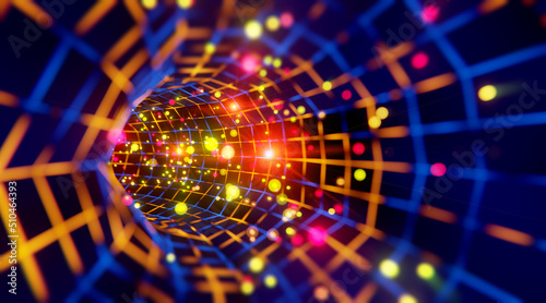 Retro 80s 3D futuristic science fiction tunnel corridor flow infinite data and information as light connection visualization. 3D for nightclub design abstract blurred background.