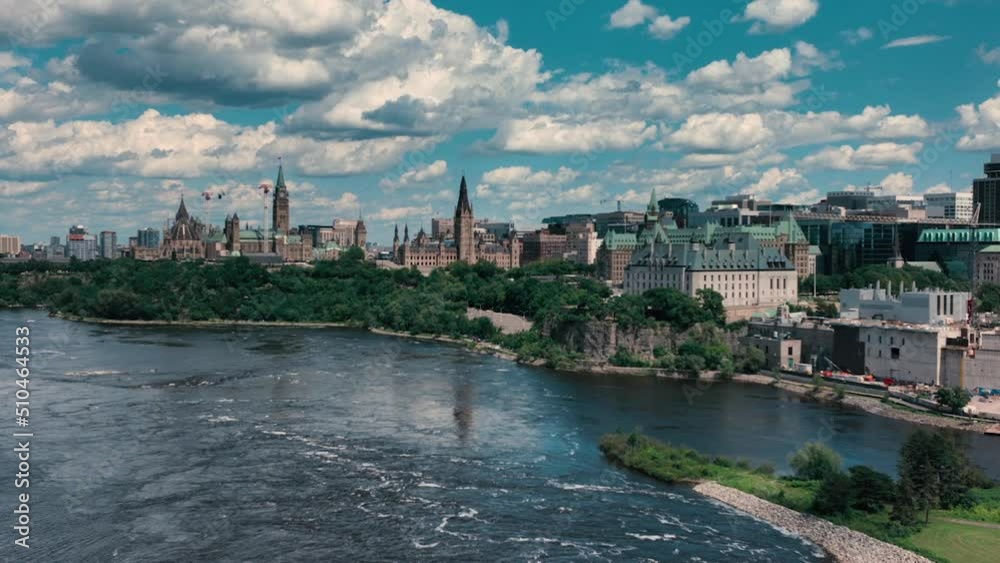 Aerial view of Ottawa Ontario Canada downtown core and parliament hill with peace tower Aerial view of Ottawa Ontario Canada downtown core and parliament hill with peace tower