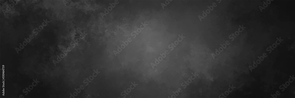 Black background vector. Chalkboard or old vintage texture design. Old black paper. Smoke or fog pattern in white with dark black vignette border.