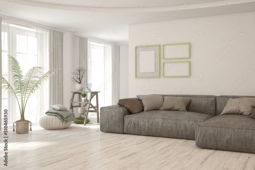 Fototapeta premium White living room with sofa. Scandinavian interior design. 3D illustration