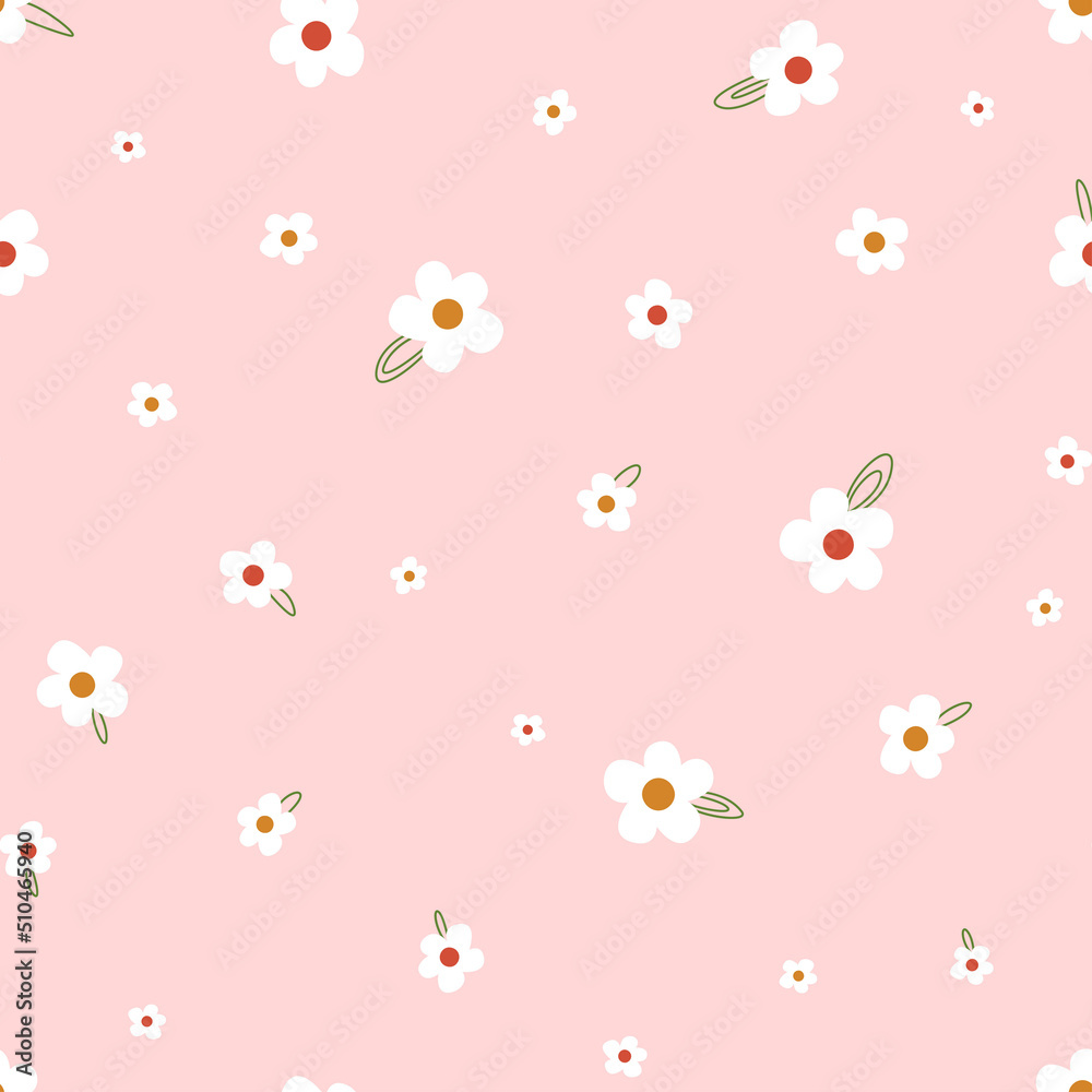 Seamless pattern with small cute flowers on a pink background.
