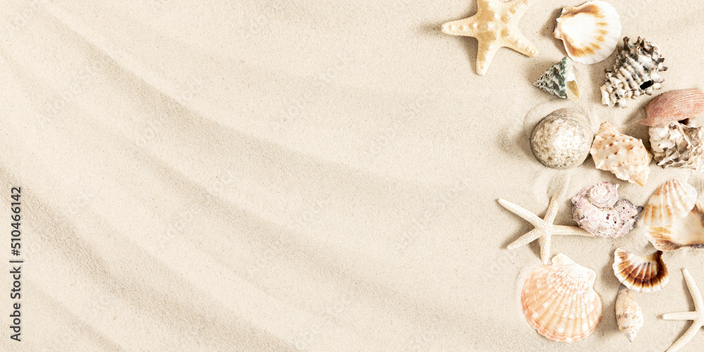Travel and vacation. Vacation season. Summer holiday background.  Sand, shells and starfish. Flat lay, top view, copy space. banner