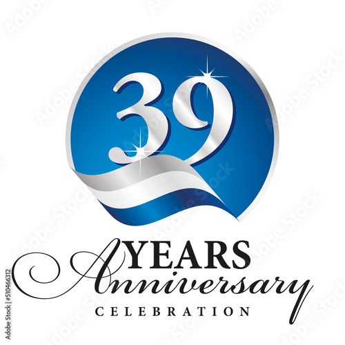 Anniversary 39 years celebration logo silver white blue ribbon background