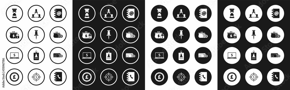 Set Address book, Push pin, Closed wallet with lock, Old hourglass flowing sand, Wallet coins, Project team base, Envelope dollar symbol and Laptop icon. Vector Set Address book, Push pin, Closed wallet with lock, Old hourglass flowing sand, Wallet coins, Project team base, Envelope dollar symbol and Laptop icon. Vector