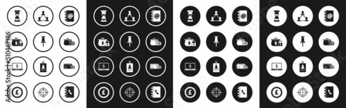 Set Address book, Push pin, Closed wallet with lock, Old hourglass flowing sand, Wallet coins, Project team base, Envelope dollar symbol and Laptop icon. Vector