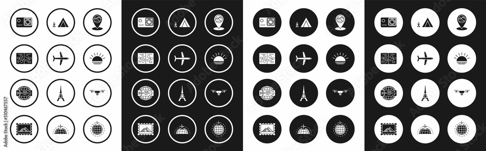 Set Map pointer with mountain, Plane, Passport pages visa stamps, Action extreme camera, Sunset, Tourist tent wood fire, Drone flying action video and Airline ticket icon. Vector Set Map pointer with mountain, Plane, Passport pages visa stamps, Action extreme camera, Sunset, Tourist tent wood fire, Drone flying action video and Airline ticket icon. Vector