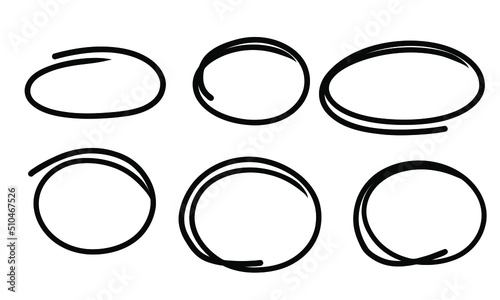 Hand drawn marker oval frame set. Doodle highlight emphasis ovals. Marker pen sketch. Highlighting text important objects. Round scribble frames. Stock vector illustration on white background.