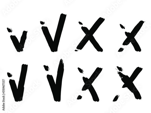 Hand drawn checkmarks crosses signs. Doodle brush grunge check marks answers in test, confirmation, negation icons. Checklist marks template, voting set. Vector flat illustration isolated on white.