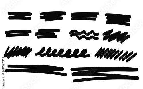 Highlight underline and strike through. Pen line template. Hand drawn marker line stroke set. Vector illustration isolated on white background.