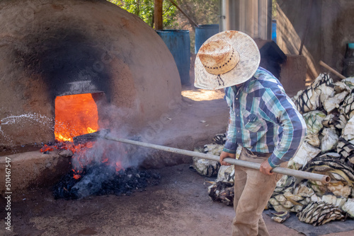 Hombres llenando de piñas de agave el horno de adobe, para preparar raicilla, en san gregorio, mixtlan, jalisco photo
