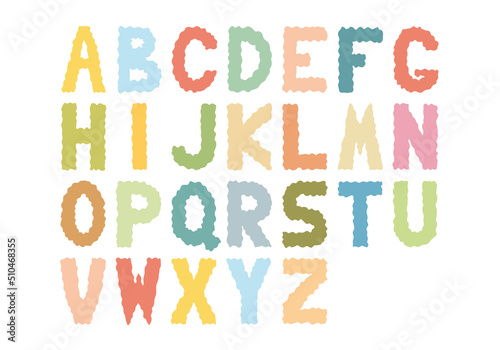 Multicolored English alphabet with wavy outlines of letters in doodle style.