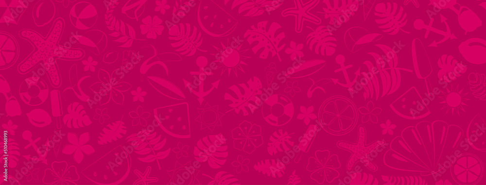 Background of various items related to summer holidays at sea, in crimson colors