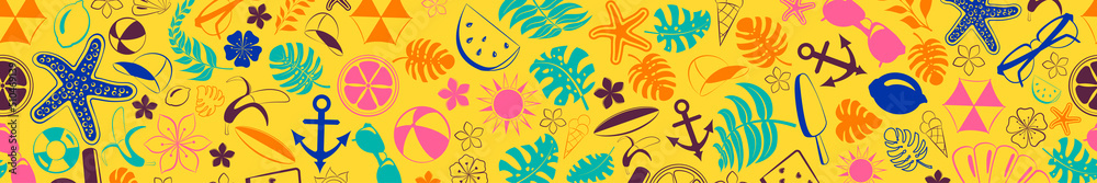 Banner of various items related to summer holidays at sea, multicolored on yellow background, with seamless horizontal repetition