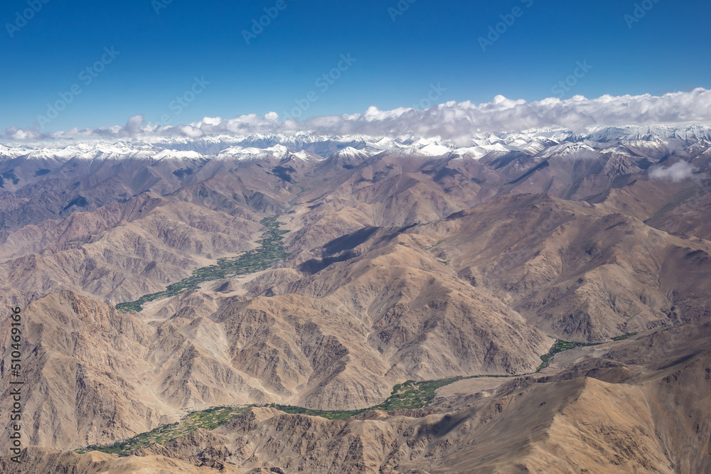 Aerial view of the himaray mountain ranges in Ladakh, India