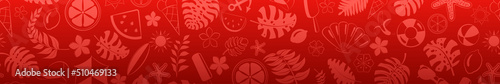 Banner of various items related to summer holidays at sea, in red colors, with seamless horizontal repetition