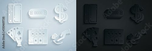 Set Online poker table game, Dollar symbol, Hand holding playing cards, Human hand throwing dice, Poker and Deck of icon. Vector